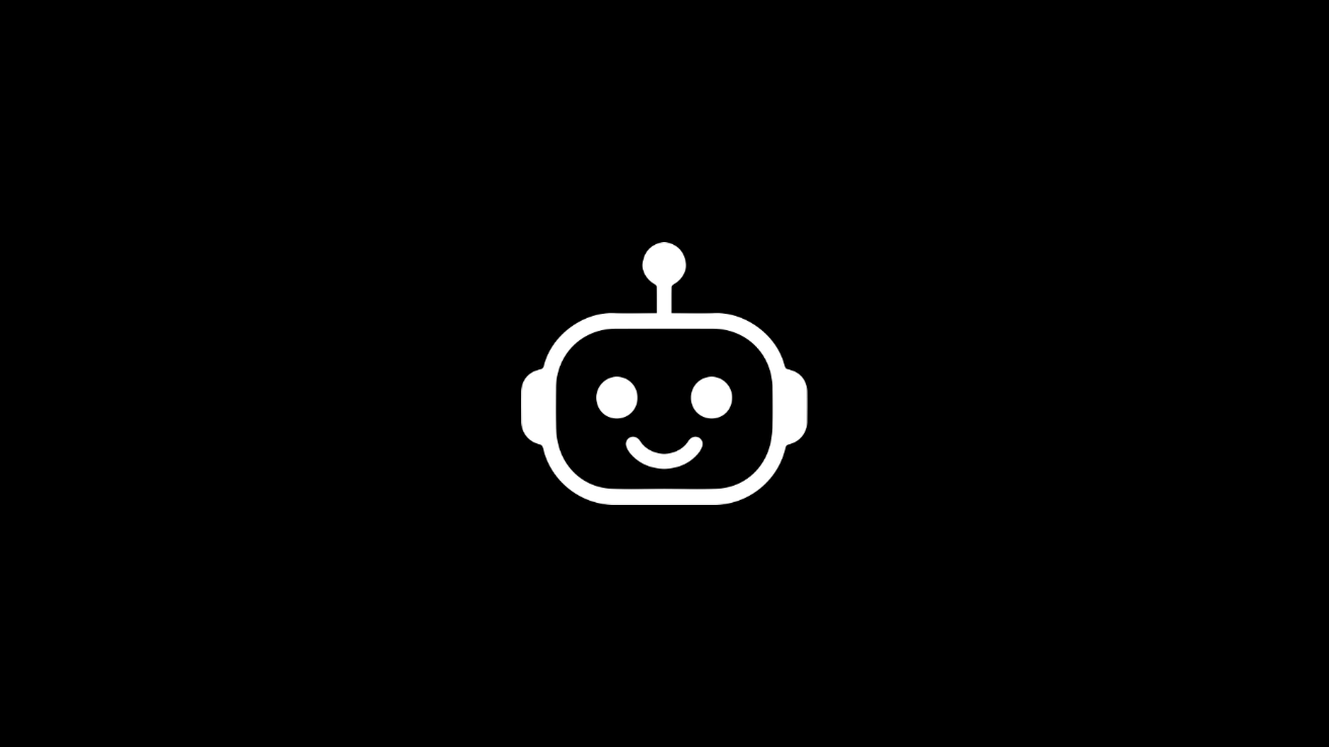 Bold white smiling robot icon centered on a black background